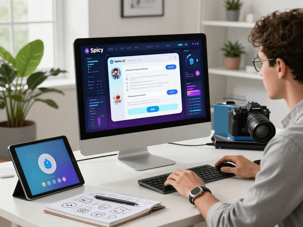 Experience spicy AI interaction in a dynamic workspace with colorful analytics.