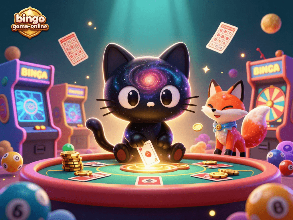 Win big at bingo-game-online with a cosmic casino scene featuring a black hole cat and colorful gaming elements.