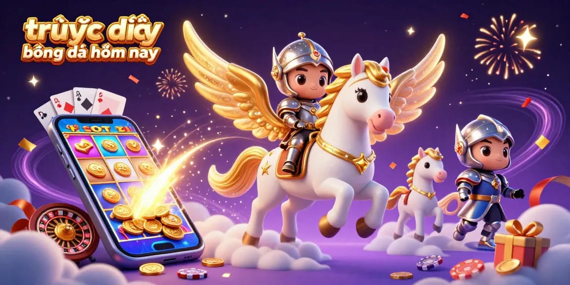 Experience trực tiếp bóng đá hôm nay with a captivating gaming scene featuring a celestial horse and vibrant slot game elements.