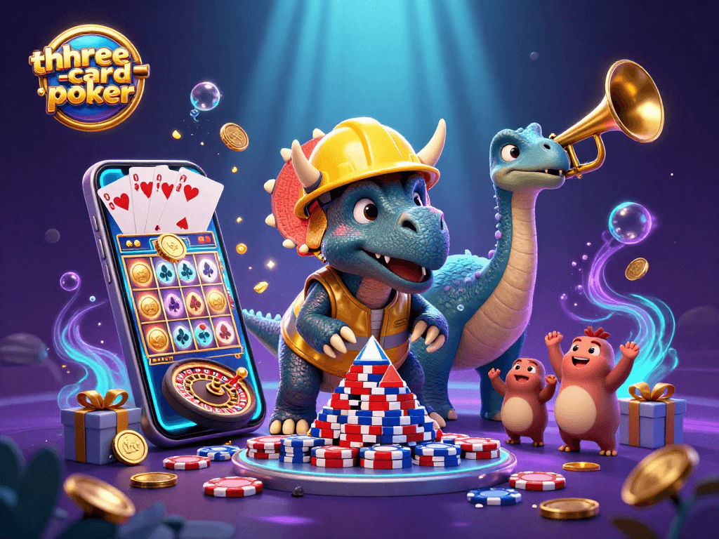 Engage in three-card-poker as a triceratops builds a pyramid of poker chips in a vibrant casino scene.