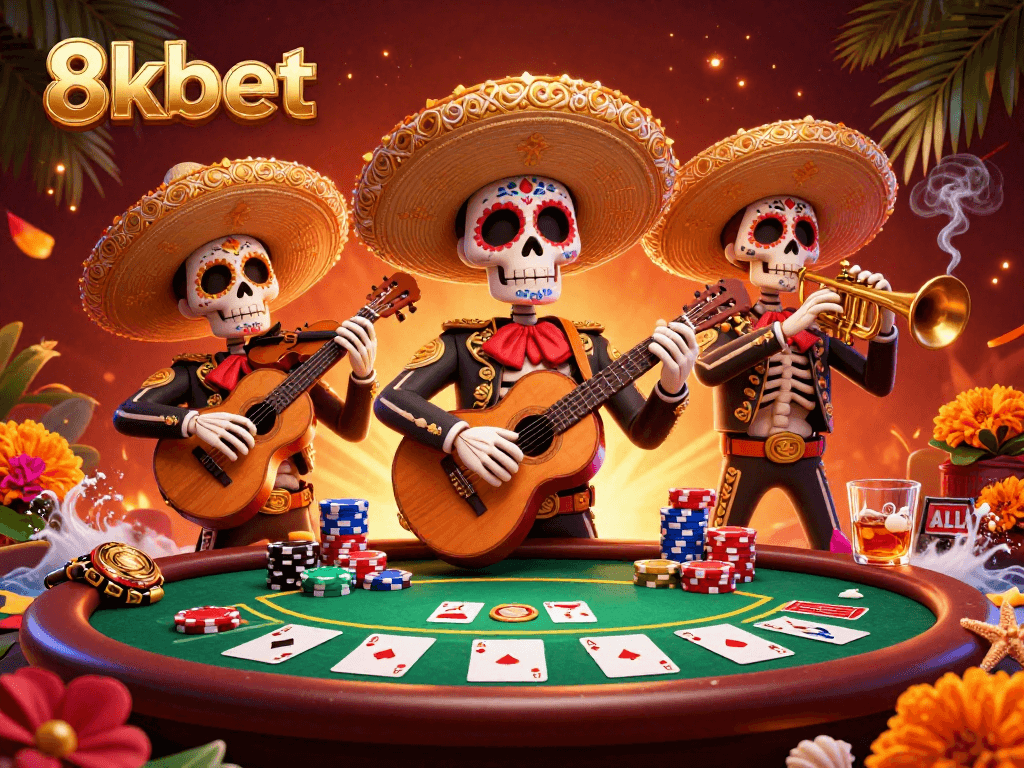 Engage in exciting poker action at 8kbet with vibrant mariachi skeletons amidst colorful casino elements.