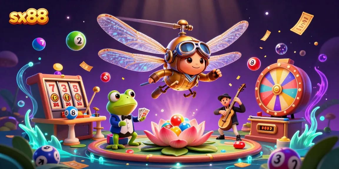 Experience the thrilling world of sx88 with our vibrant casino scene, showcasing a dragonfly pilot at play.
