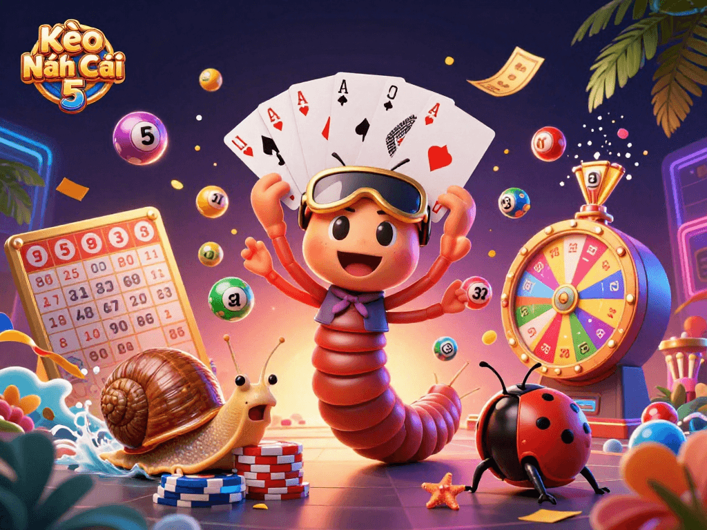 Kèo Nhà Cái 5 showcases a vibrant 3D casino scene with a millipede dealer and high-roller props.