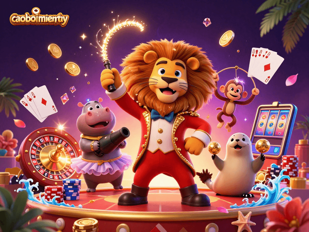 Spin the reels and win with caoboimientay in this vibrant casino-themed illustration featuring lively characters.