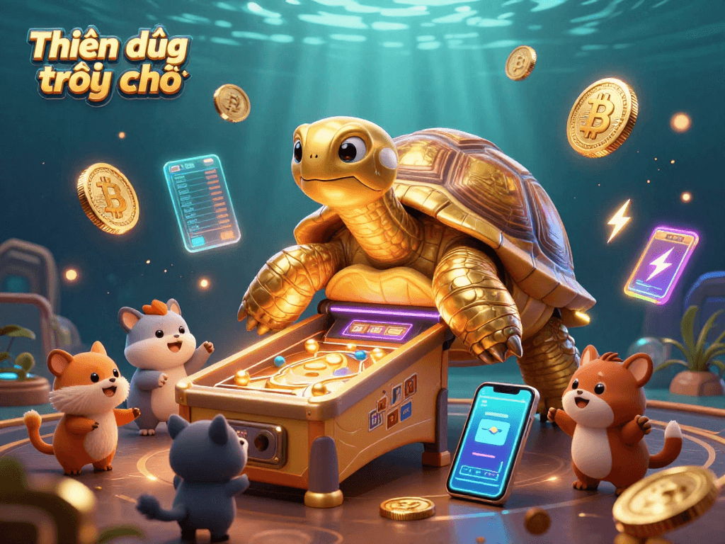 Engage in thrilling casino activities at Thiên đường trò chơi, featuring a vibrant golden tortoise pinball machine.