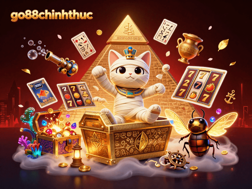 Engage with go88chinhthuc by experiencing 3D cartoon Egyptian mummy cat and casino elements.