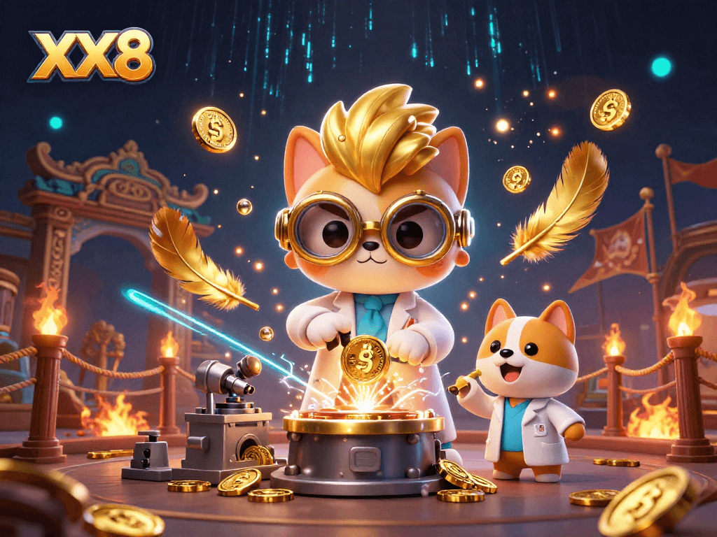 Engage with XX8’s exciting betting world through a dynamic casino scene full of golden elements and vibrant characters.