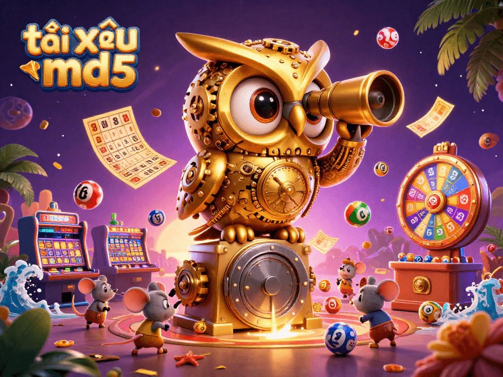 Tài xỉu md5 scene showcasing a clockwork golden owl overseeing a vibrant casino with buzzing slot machines.