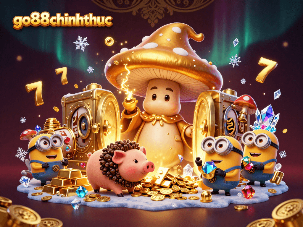 Experience magic and treasure with go88chinhthuc's enchanting golden wizard and pig in a vibrant casino scene.