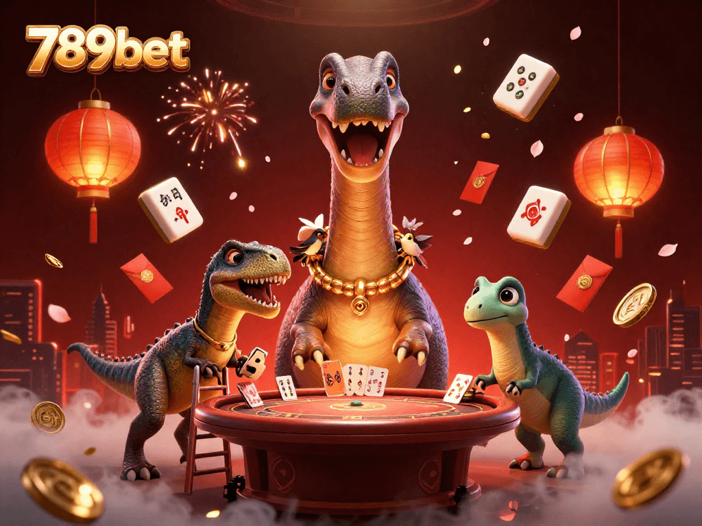 Experience the excitement of 789bet's casino with a whimsical brontosaurus and clever raptor dealing cards.