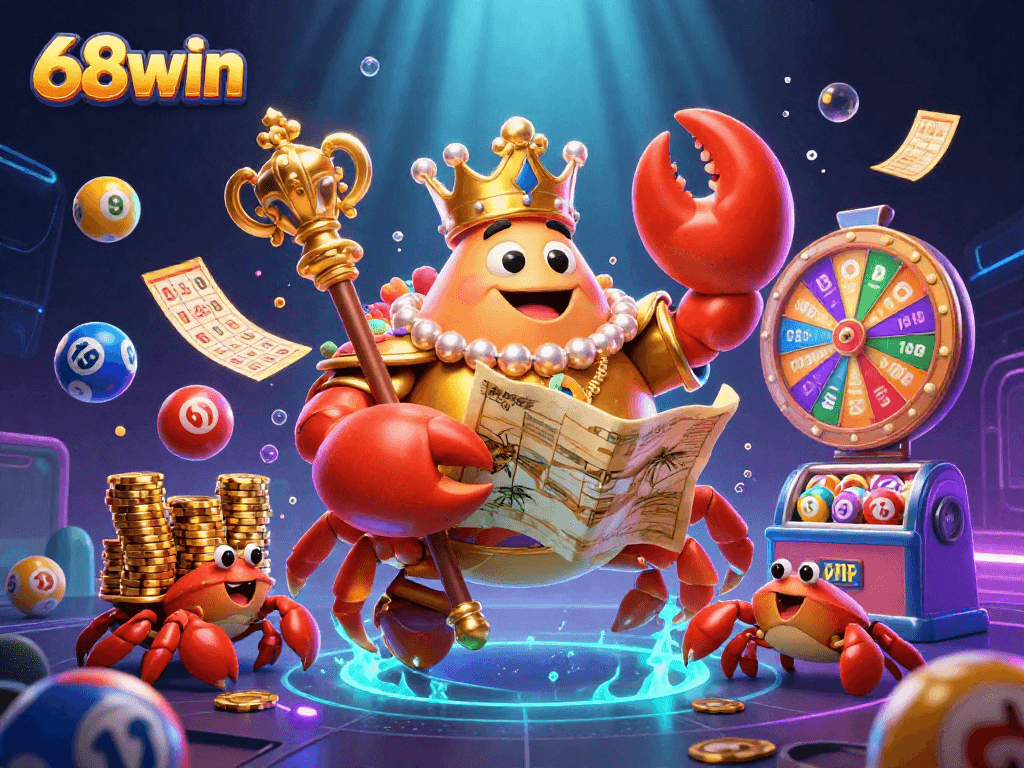 Engage in thrilling jackpots with 68win's vibrant gaming scene featuring a golden crab emperor.