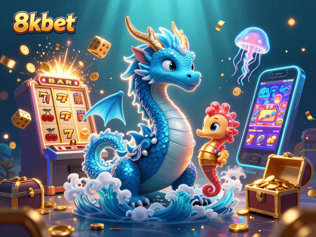 Win big at 8xbet with vibrant casino-themed 3D illustration featuring a dragon and seahorse.