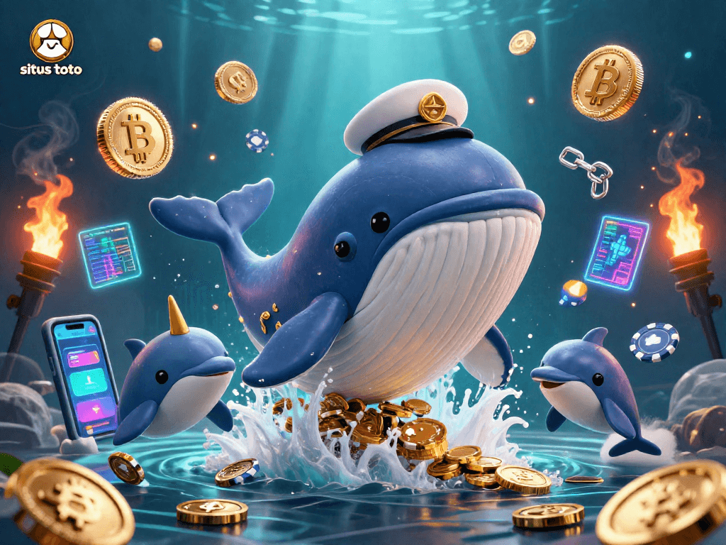 Keberuntungan di situs toto dengan paus kartun besar yang dikelilingi koin dan ikan narwhal.