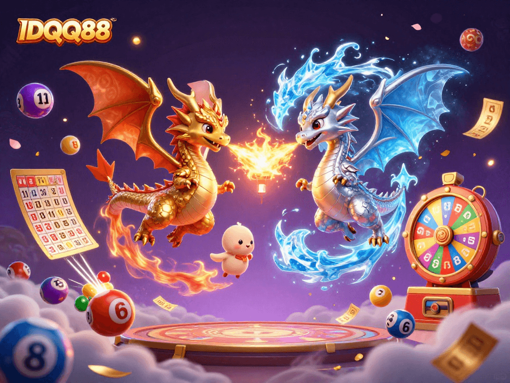 Experience the thrill of IDQQ88 with vibrant lottery elements and mystical dragons in an immersive 3D scene.