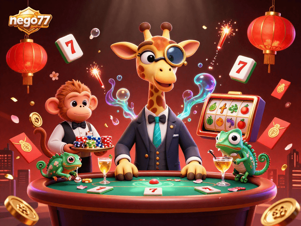 Engage in exciting gameplay with nego77, featuring lively graphics of a giraffe high-roller at a slot table amidst fireworks and decorations.