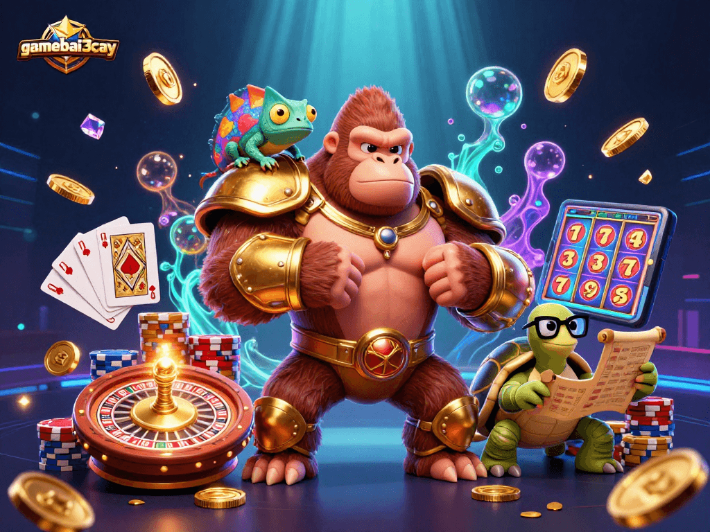 Engage with gamebai3cay as the gorilla king unleashes treasures in a vibrant casino adventure.