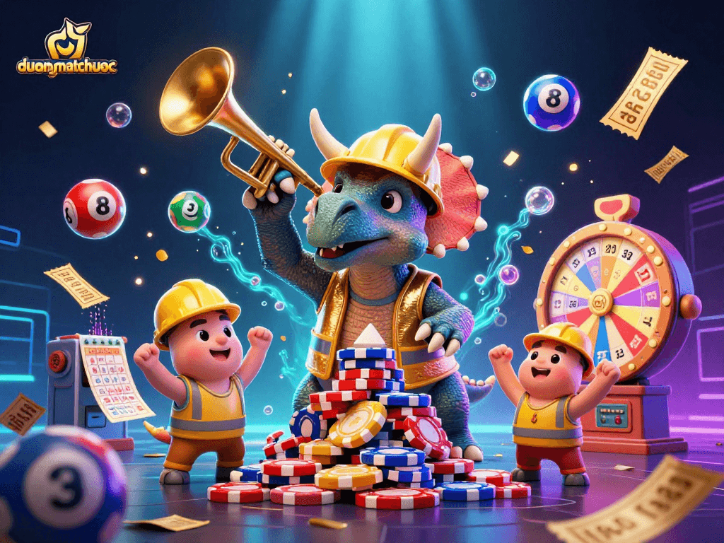 Experience the excitement of duongmatchuoc with dynamic characters celebrating wins and colorful gaming elements.