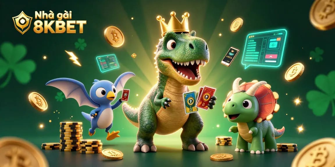 Engaging scene showing Nhà cái 8KBET represented by a T-Rex card shuffling at a casino, emphasizing fun gaming.