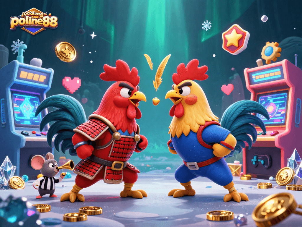 Engage with the thrilling world of pokdeng-online88 in a vibrant rooster duel illustration showcasing 3D gaming elements.