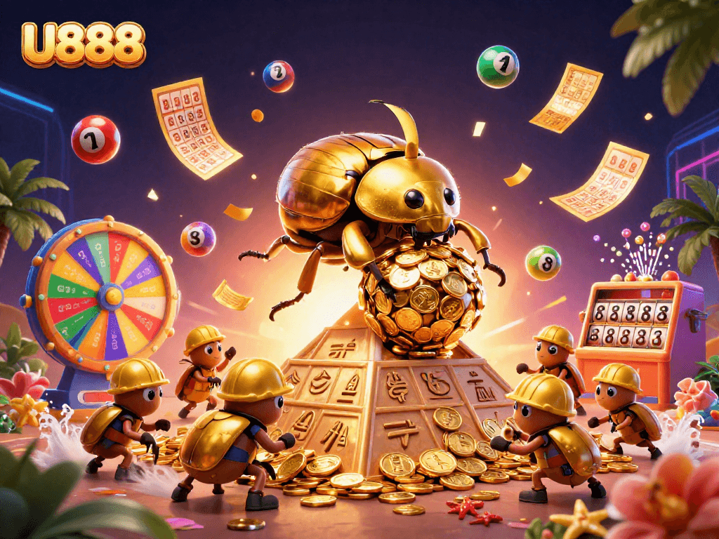 Bet on U888 with vibrant lottery elements and golden casino features in an engaging 3D scene