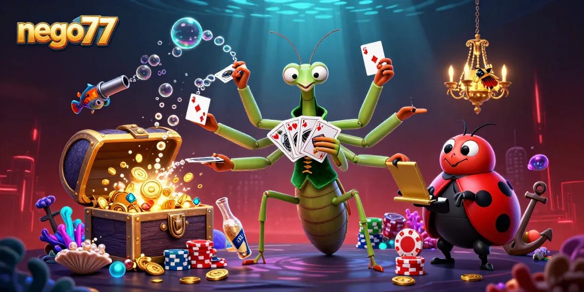 Experience the thrill of nego77 as vibrant characters and casino elements collide in a lively 3D setting.