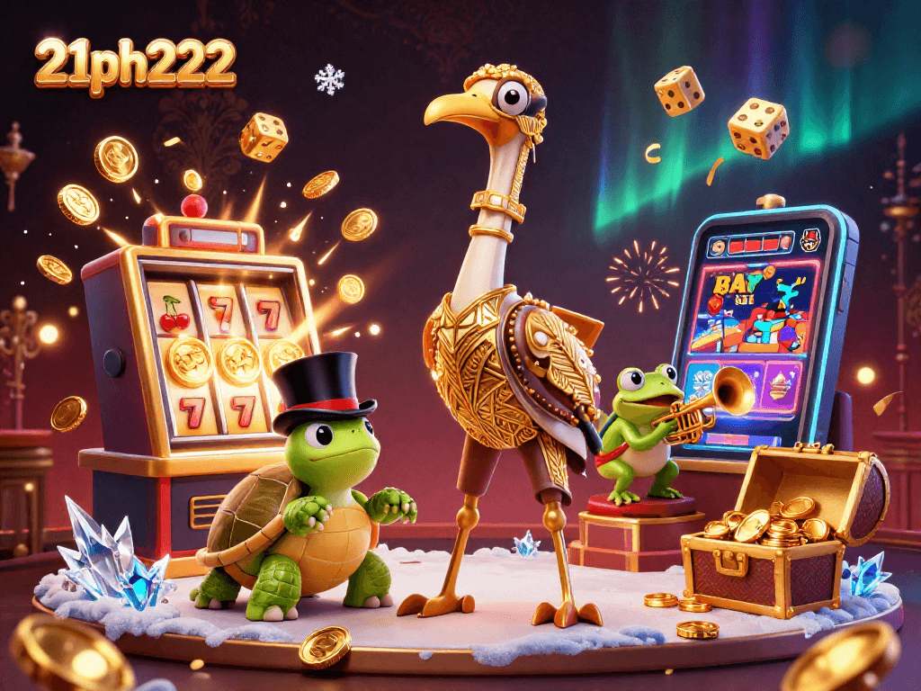 Experience the excitement of 21ph222 with a vibrant scene of casino characters and game symbols.