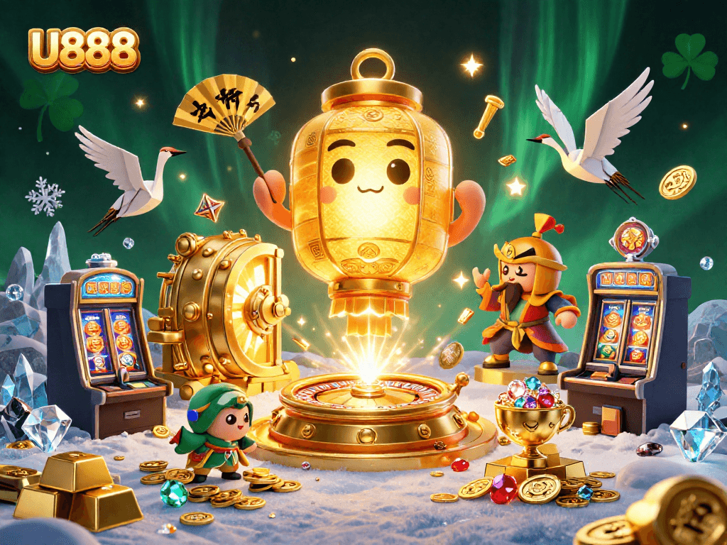 U888 casino features a giant golden lantern spirit alongside iconic slot machines and golden treasures.