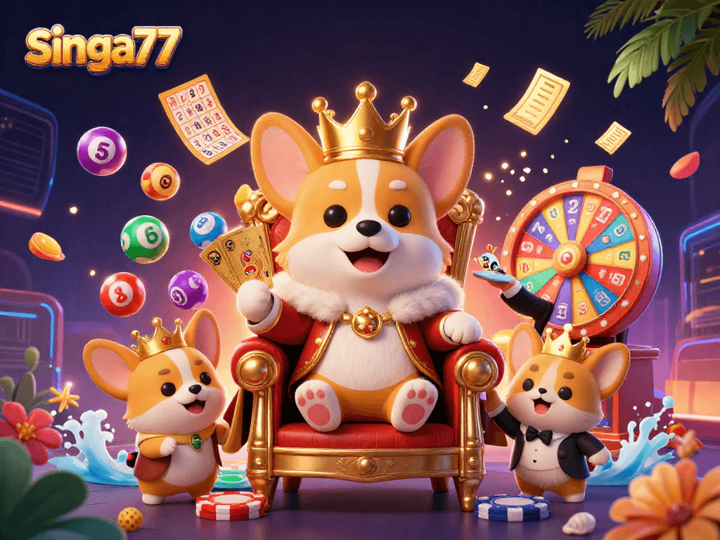 singa77's vibrant casino scene featuring a royal corgi on a poker chip throne, presenting lottery excitement.