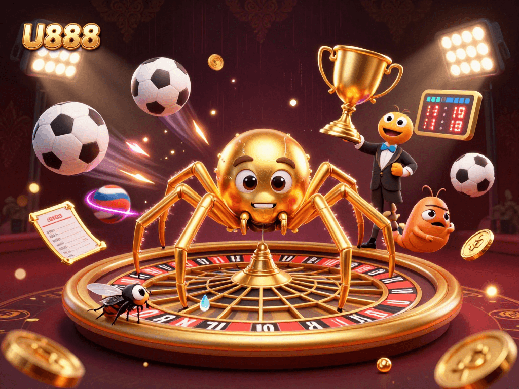 Engage with U888 while the golden spider spins a roulette web amid exciting sports betting elements.