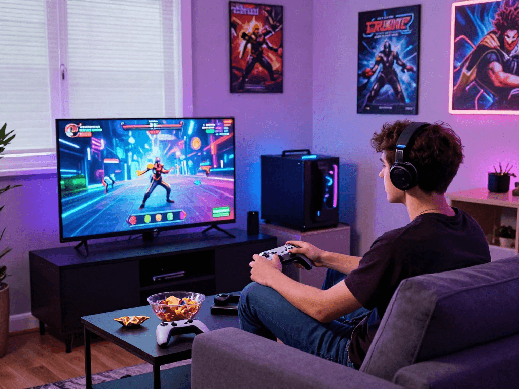 Exciting lifestyle of playing an online porn game, showcasing modern gaming setup and a relaxed atmosphere.