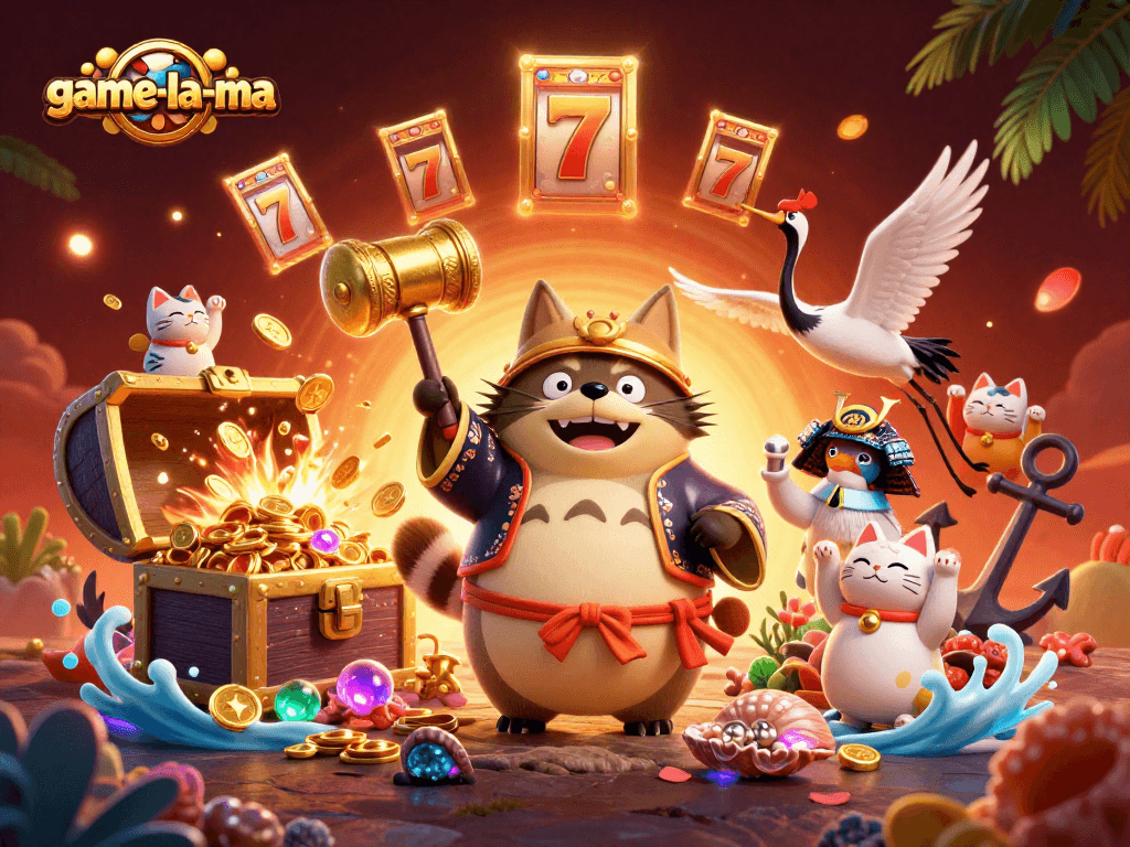 Engage in thrilling gameplay with game-la-ma, featuring a tanuki and lucky symbols.