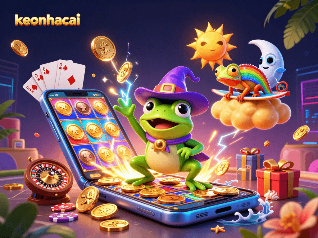 Experience the keonhacai magic as the wizard frog conjures coins amidst vibrant casino fun.
