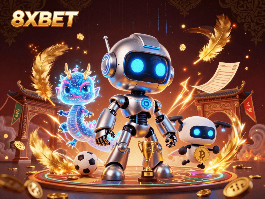Experience thrilling sports betting with 8XBET in an energetic 3D casino illustration.