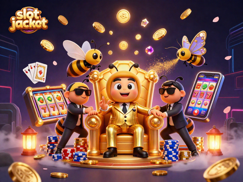 Engage with the slot jackpot excitement featuring a vibrant 3D scene with cartoon characters, slot machine elements, and golden coins.