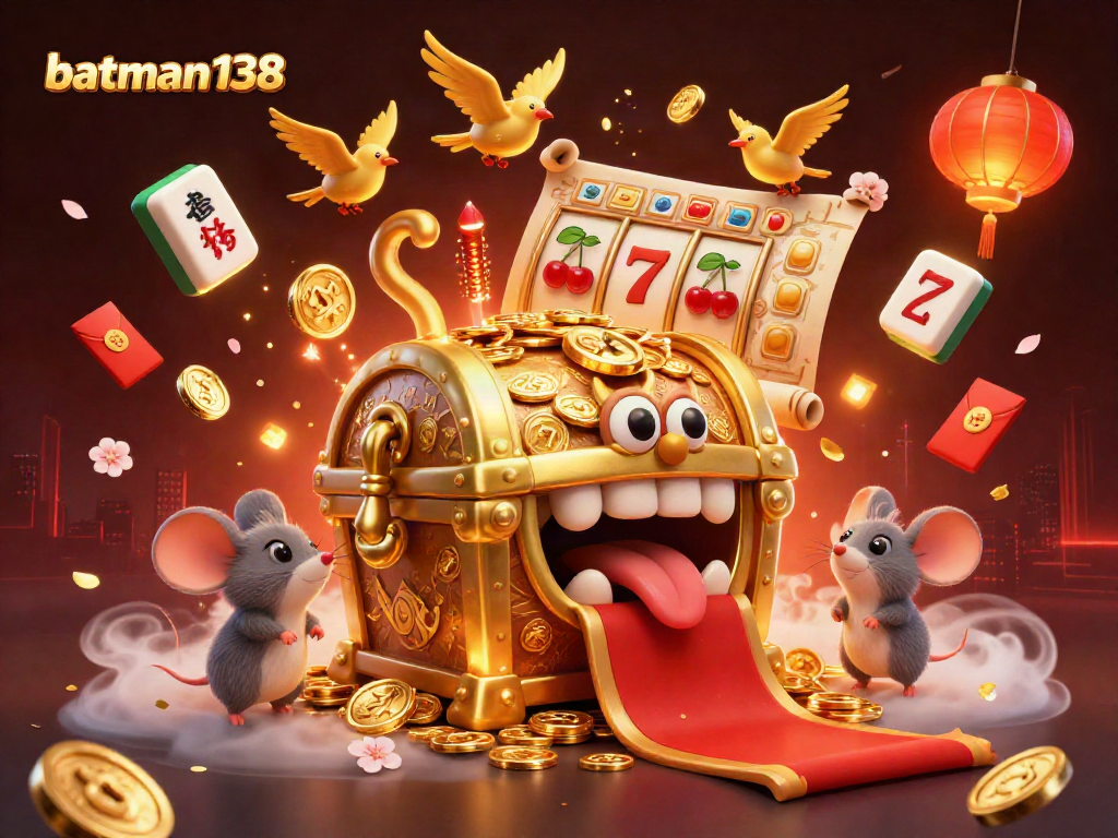 Experience the thrill of rewards with batman138's enticing golden treasure chest and lively casino elements.