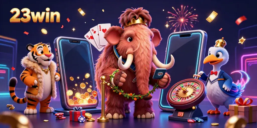 Experience energetic casino excitement with a vibrant scene highlighting 23win's character-filled gambling environment.