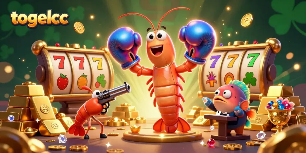 Experience the excitement of togelcc with a vibrant casino scene featuring dynamic characters and slot game elements.