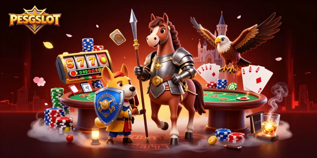 PESGSLOT enhances slot gaming excitement with medieval characters, symbols, and vibrant casino elements.