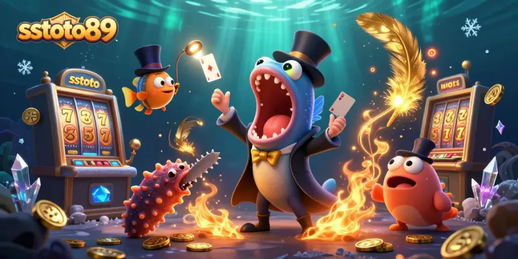 Gambarkan aksi sstoto89 dengan ikan gulper dalam jubah pesulap dan mesin slot.