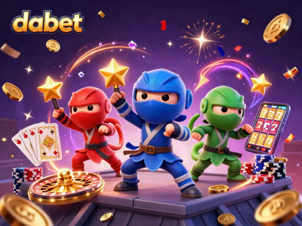 A dynamic scene showing a 3D ninja chameleon team celebrating dabet's casino excitement with vibrant elements.
