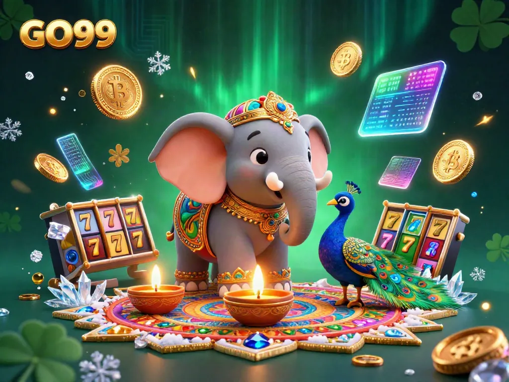 Spin jackpot reels at GO99 casino with a vibrant elephant and peacock in a colorful scene.