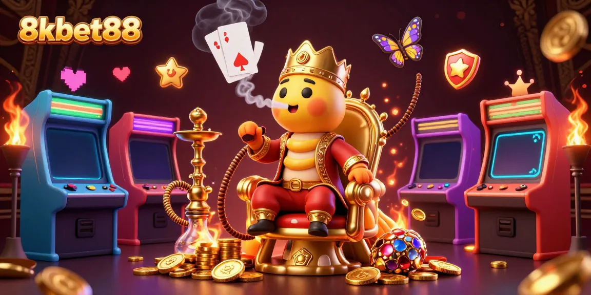 Engage with the vibrant gaming world of 8xbet88, showcasing a colorful 3D scene of a caterpillar hookah-master and arcade elements.