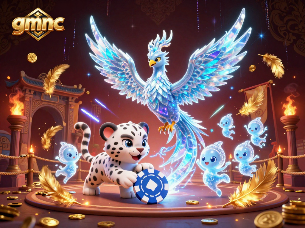 Engage with gmnc in an exhilarating ice-themed casino world with an enchanting ice phoenix and playful characters.