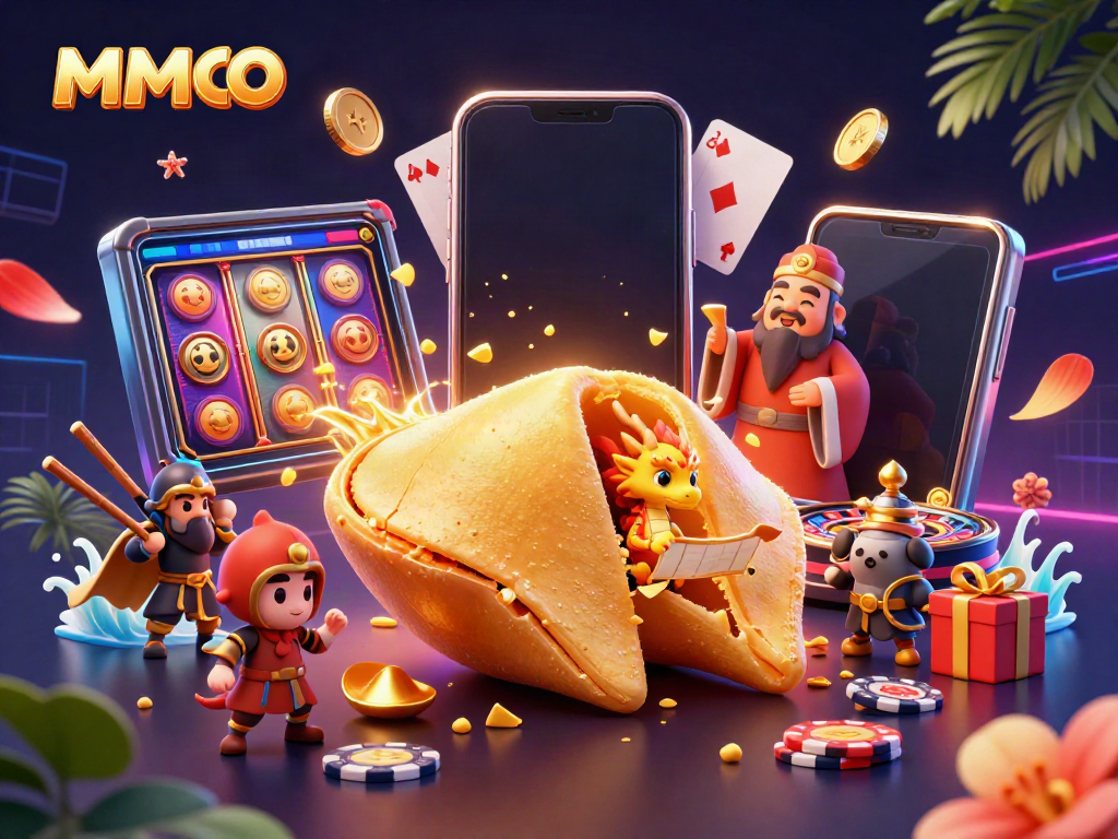 Experience luck and fun with MMOO's vibrant 3D casino scene featuring a golden fortune cookie and interactive game elements.