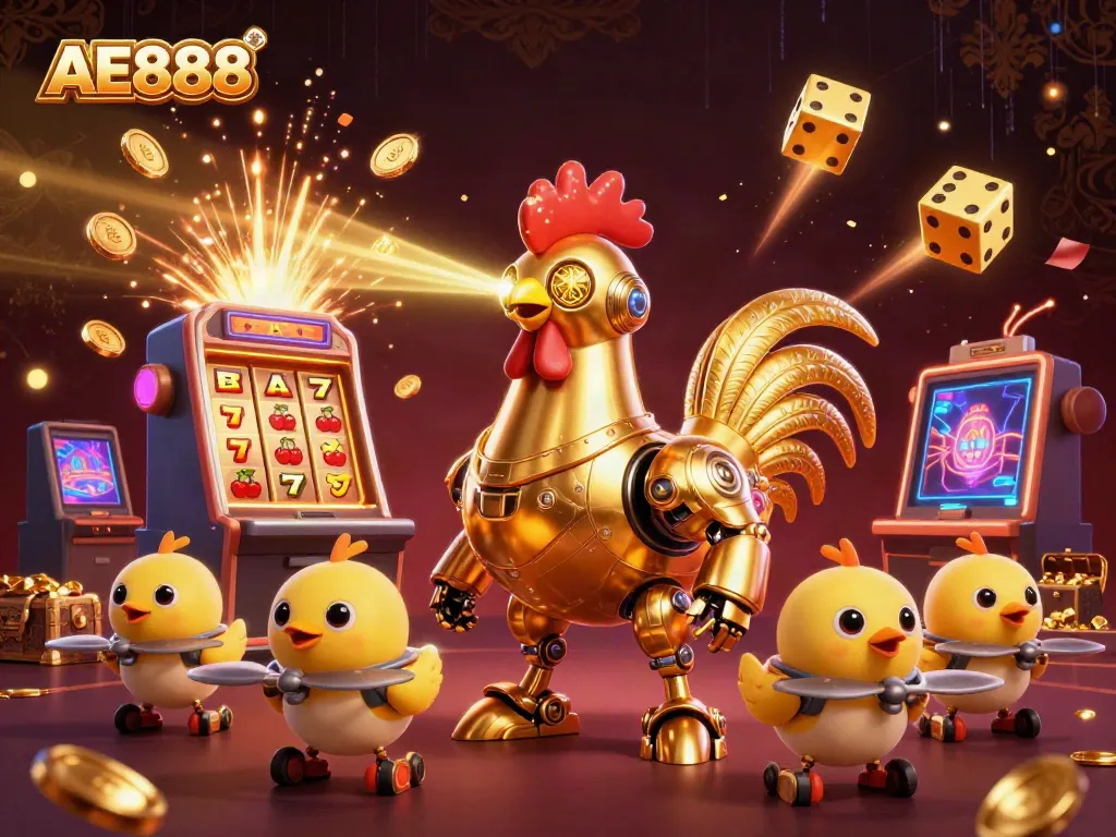 Experience the excitement of AE888 with a dynamic 3D illustration of casino gaming elements and a futuristic character.