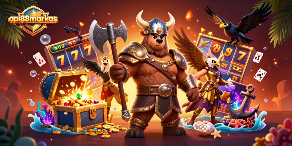 Win big with api88markas: A vibrant 3D scene highlighting intense slot action with dynamic characters.