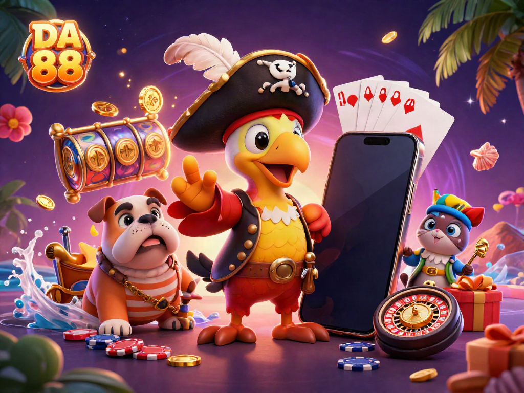 Experience the thrill of winning with DA 88 in this vibrant 3D casino scene featuring playful characters.