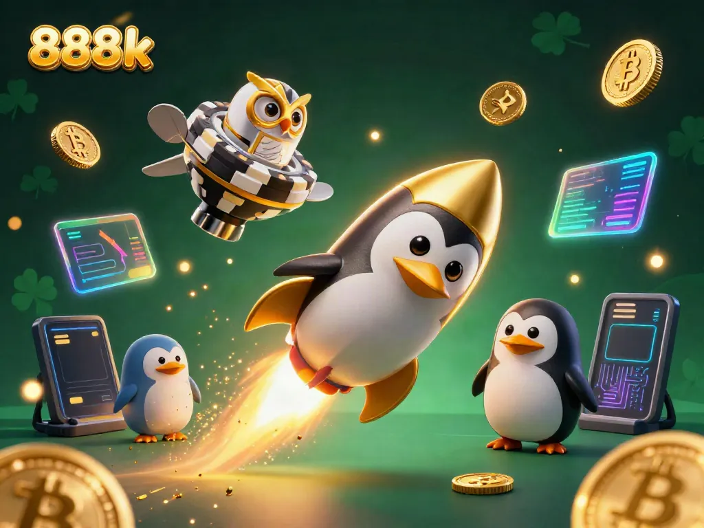 Experience the excitement of 888k with a golden penguin rocket, blasting through a casino-themed space!