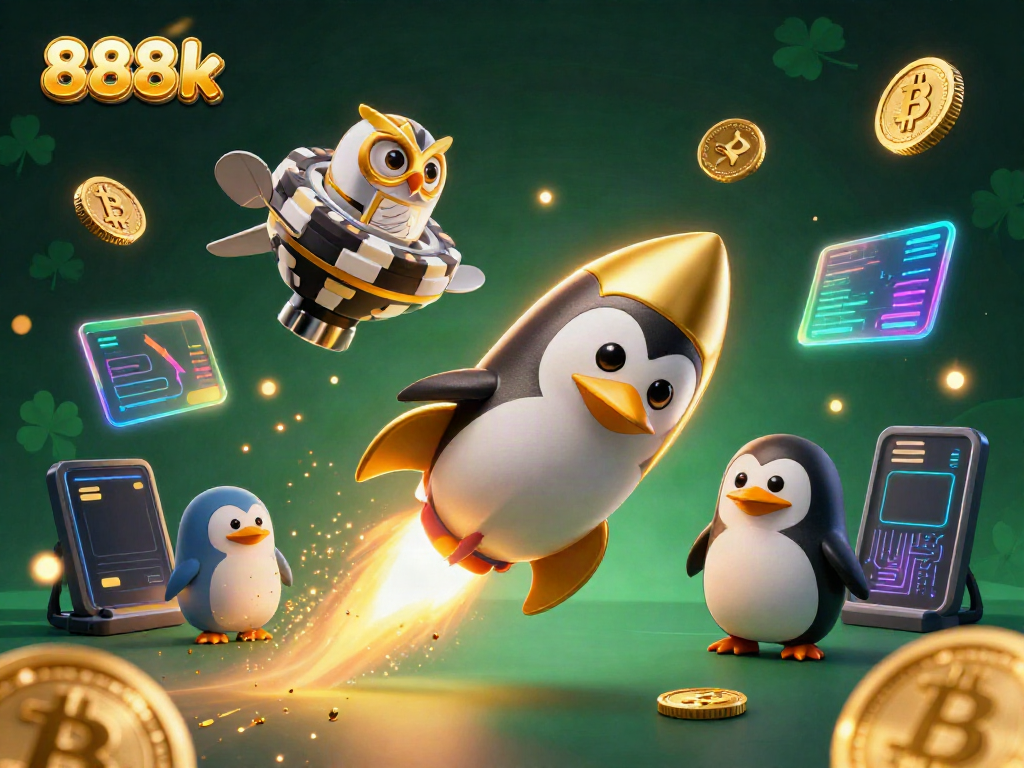 Experience the excitement of 888k with a golden penguin rocket, blasting through a casino-themed space!