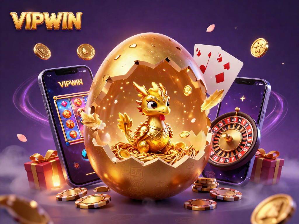 Engage with VIPWIN's golden egg cracking open to reveal a shimmering baby dragon amidst vibrant casino elements.